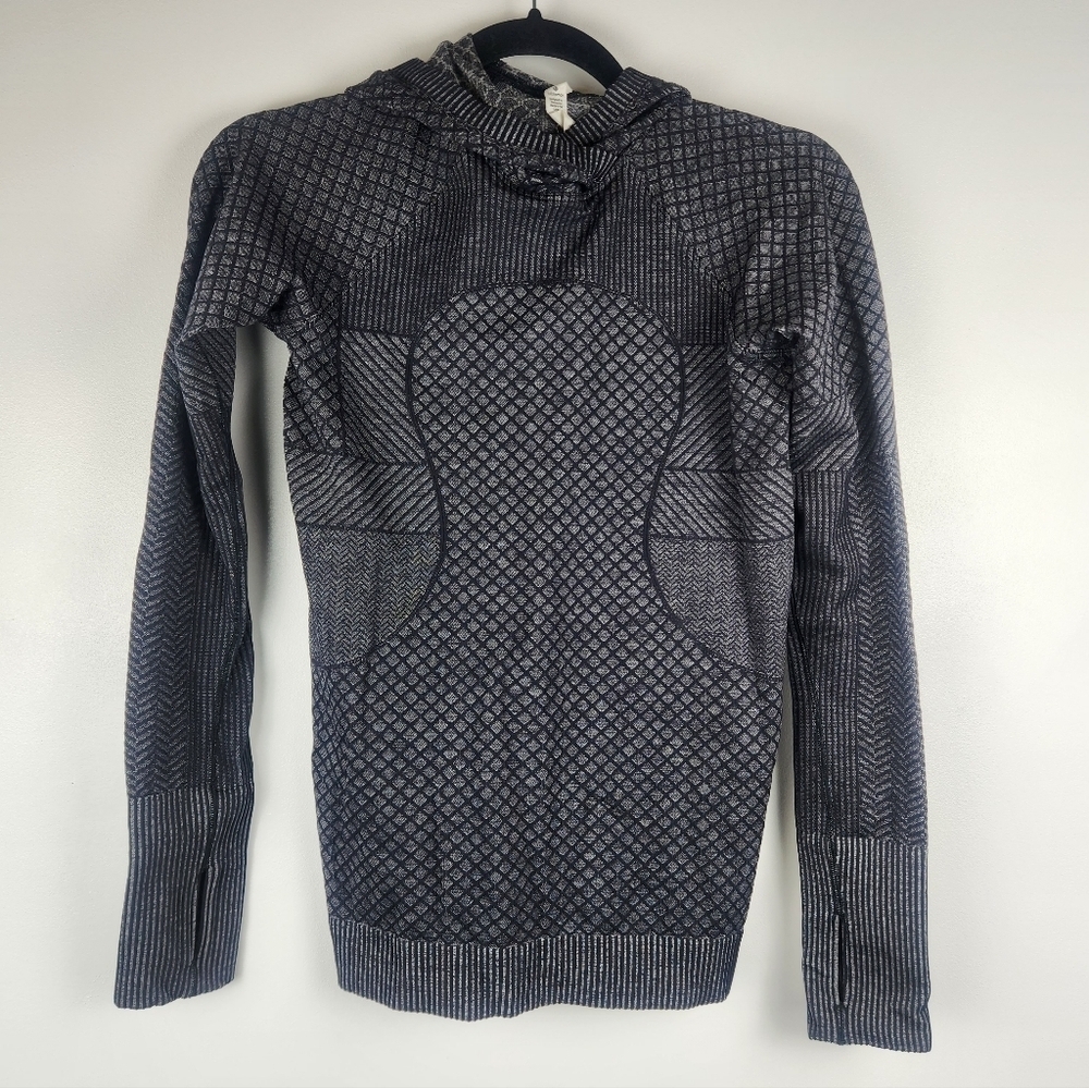 Lululemon Seamless Hooded Pullover - Diamond Texture - Black/ Gray - Size 6 - Picture 1 of 4